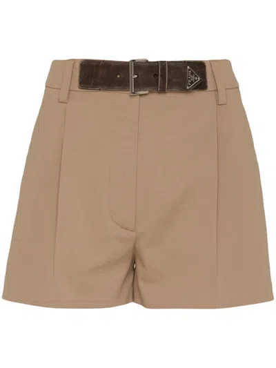 Prada Gabardine Belted Shorts In Khaki