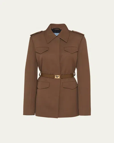 Prada Gabardine Leather Belted Jacket In Sughero
