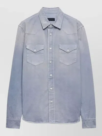 Prada Gabardine Shirt Button Collar Chest Pockets In Blue