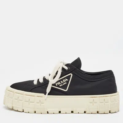 Pre-owned Prada Gabardine Size 40 Black Nylon Double Wheel Lace Up Sneakers