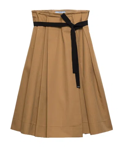 Prada Womens Brown Pleated Belted Gabardine Midi Skirt