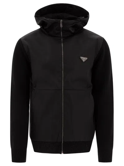 Prada Gabardine Zip-up Hoodie In Black