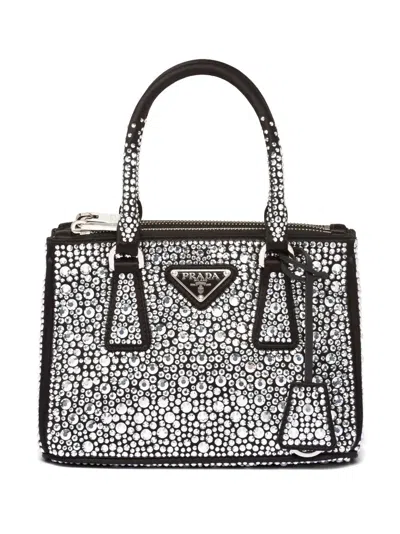 Prada Galleria Crystal-embellished Satin Mini Bag In Black