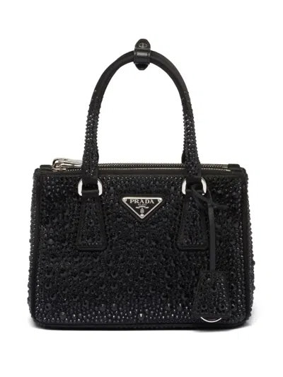 Prada Galleria Crystal-embellished Satin Mini Bag In Black