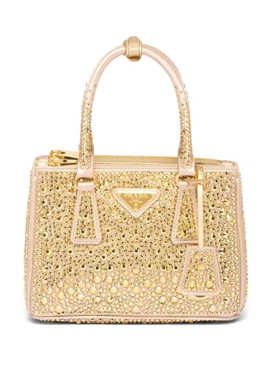 Prada Galleria Crystal-embellished Satin Mini Bag In Gold