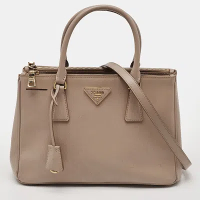 Pre-owned Prada Galleria Double Zip Beige Medium Saffiano Leather Tote In Sand