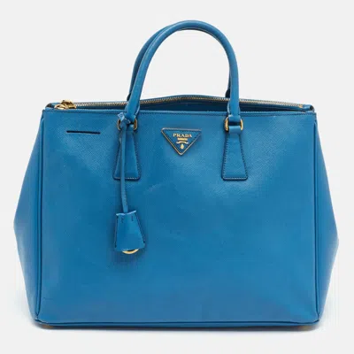 Pre-owned Prada Galleria Double Zip Medium Blue Saffiano Lux Leather Tote