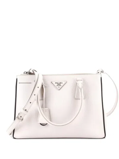Pre-owned Prada Galleria Double Zip Saffiano Leather Small Tote Bag In White