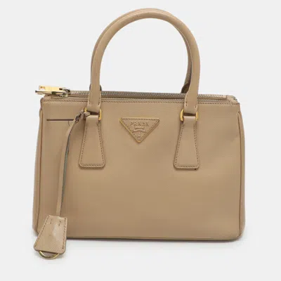 Pre-owned Prada Galleria Double Zip Small Beige Saffiano Lux Leather Tote In Sand