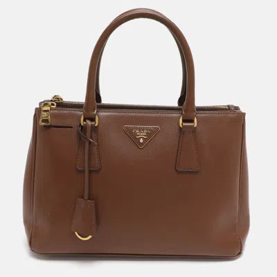 Pre-owned Prada Galleria Double Zip Small Brown Saffiano Lux Leather Tote