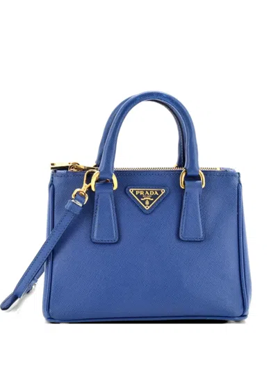 Pre-owned Prada Galleria Double Zip Tote Saffiano Leather Mini Crossbody Bag In Blue