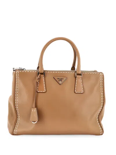 Pre-owned Prada Galleria Double Zip Tote Stitched Leather Medium Crossbody Bag In Brown