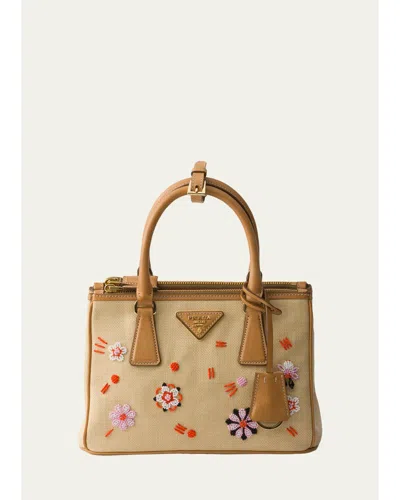 Prada Galleria Floral Embroidered Leather Tote Bag In Natural