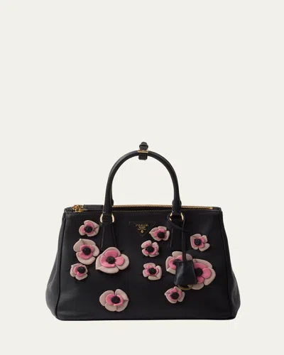 Prada Galleria Floral Leather Top-handle Bag In Black