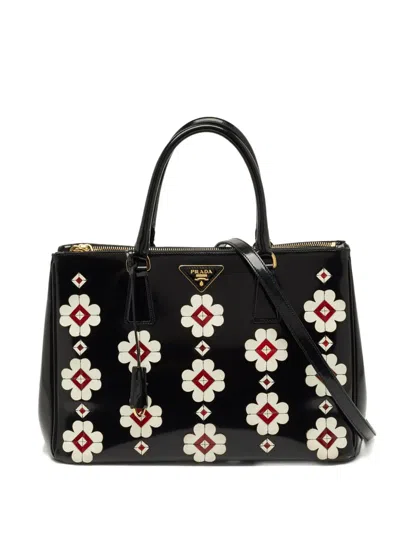 Pre-owned Prada Galleria Floral Leather Tote Bag In Black