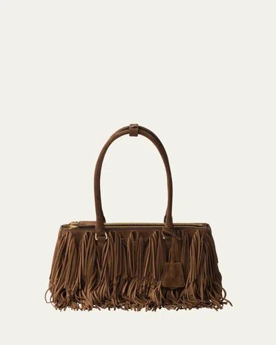 Prada Galleria Fringed Suede Shoulder Bag In Kakaobraun