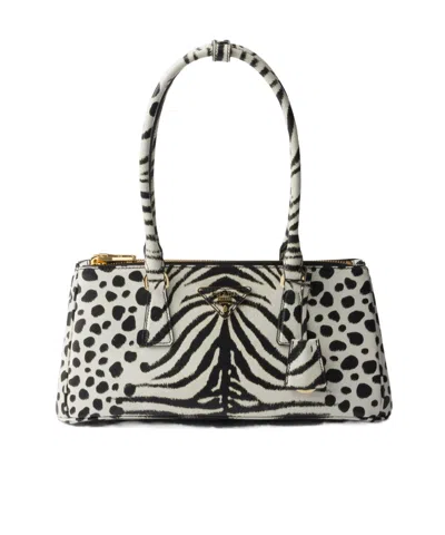 Prada Galleria Medium Printed Saffiano Leather Bag In White/black