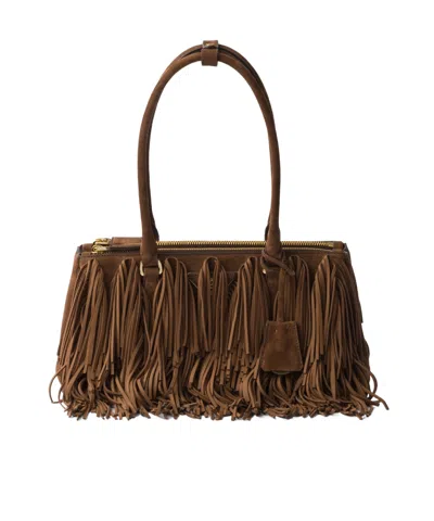 Prada Galleria Medium Suede Bag With Fringe In Cocoa Brown
