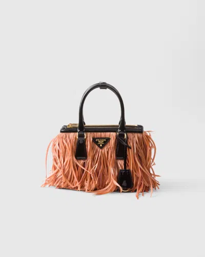 Prada Galleria Mini-bag With Feather Trim In Apricot/black