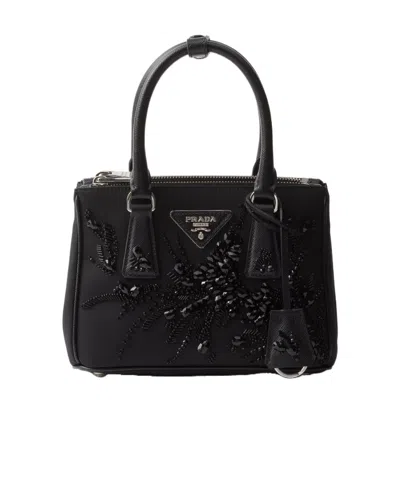 Prada Galleria Recycled Nylon And Saffiano Leather Embroidered Mini Handbag In Black