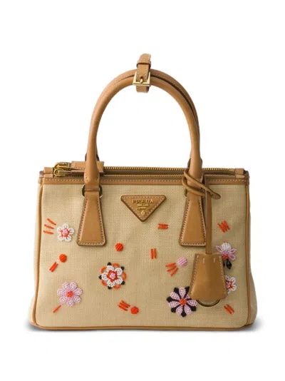 Prada Galleria Small Canvas And Leather Embroidered Bag In Orange