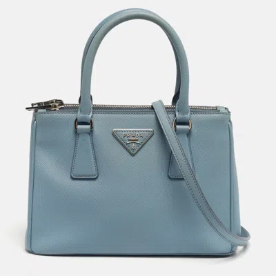 Pre-owned Prada Galleria Small Light Blue Saffiano Lux Leather Double Zip Tote