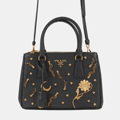Pre-owned Prada Galleria Studded 2-way Handbag Black Saffiano Leatherleather Size Small