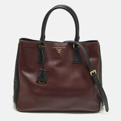 Pre-owned Prada Gardener's Medium Burgundy/black Saffiano Leather Tote