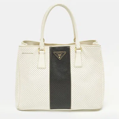 Pre-owned Prada Gardener's Medium Off White/black Saffiano Leather Tote