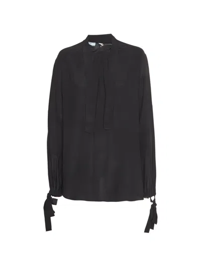 Pre-owned Prada Gathered Neck-tie Blouse In Black