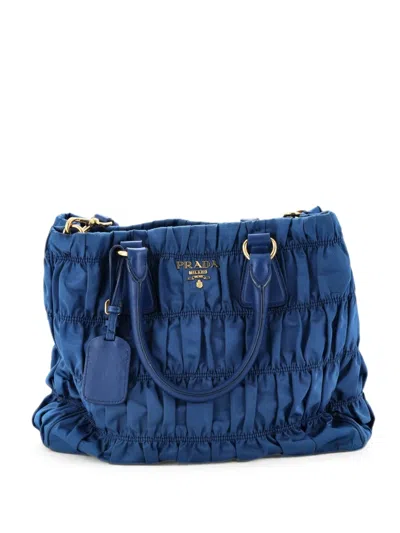 Pre-owned Prada Gaufre Convertible Leather And Tessuto Large Tote Bag In Blue