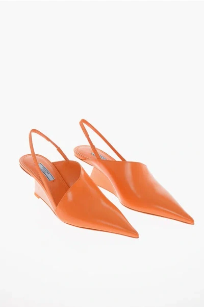 Prada Geometric Heel Brushed Leather Slingbacks 6.5cm In Orange