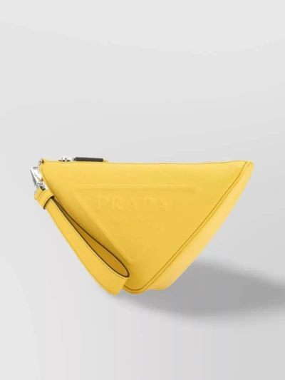 Prada Geometric Leather Clutch With Convenient Wrist Strap In Yellow