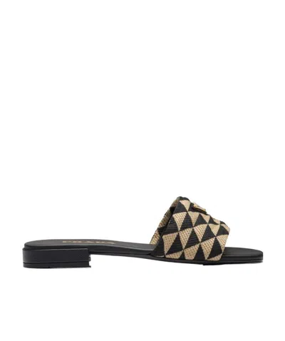 Prada Geometric Pattern Fabric Slippers With Flat Sole In Black