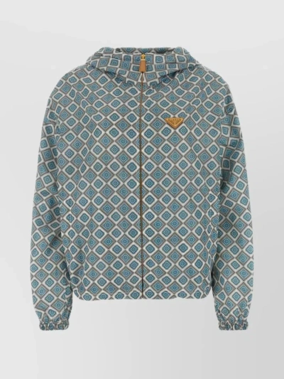 Prada Geometric Pattern Hooded Windbreaker In Grey