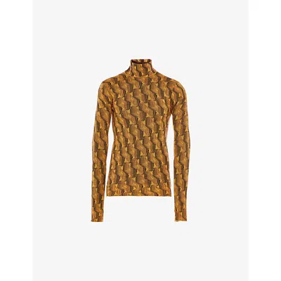 Prada Mens Corn Yellow Geometric-pattern Turtleneck Wool Sweatshirt