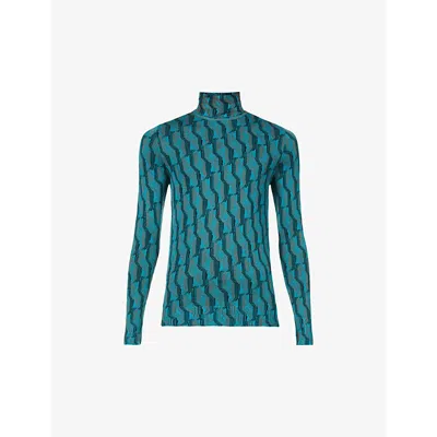Prada Mens Turquoise Geometric-pattern Turtleneck Wool Sweatshirt