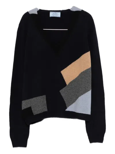 Prada Geometric-pattern V-neck Jumper In Animal Print