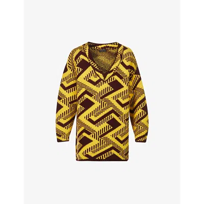 Prada Mens Yellow Geometric-pattern V-neck Knitted Jumper