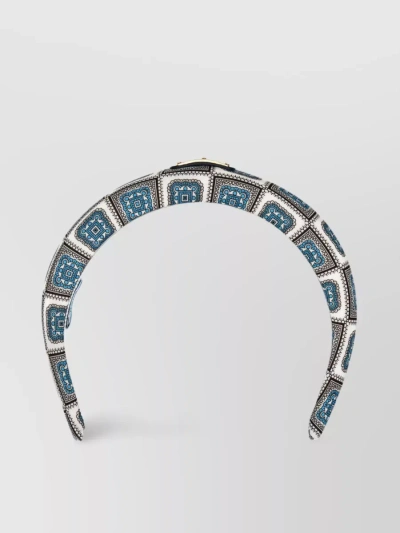 Prada Geometric Print Fabric Headband With Iconic Metal Triangle In Grey