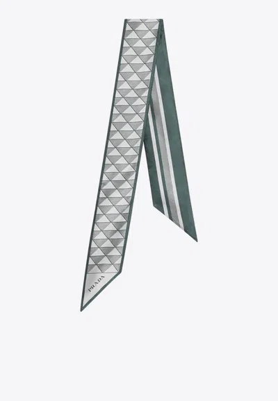 Prada Geometric Print Silk Ribbon Scarf In Green