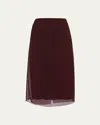 Prada Sheer Overlay Midi Length Skirt With Ruched Detailing In Bordeaux