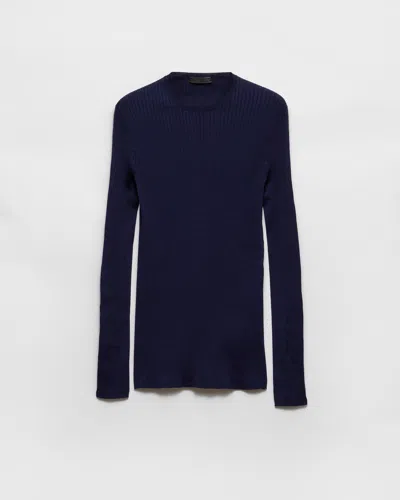 Prada Ribbed Cotton Crew-neck Sweater In Blau