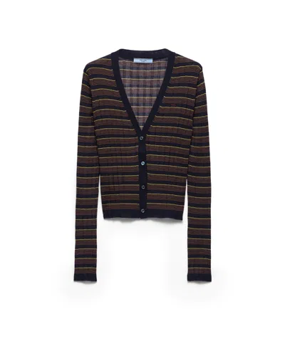 Prada Gestreifte Strickjacke Aus Kaschmir Und Seide In Blau/tabak