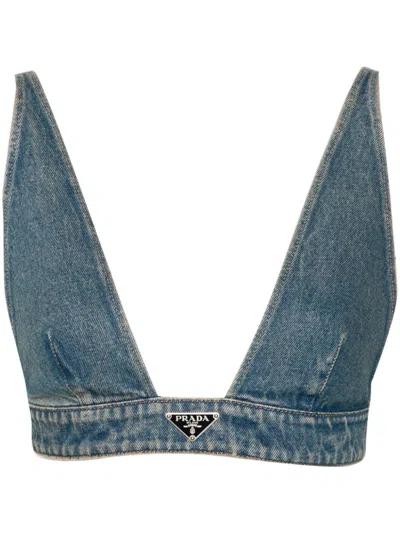 Prada Triangle-logo Denim Crop Top In Blue