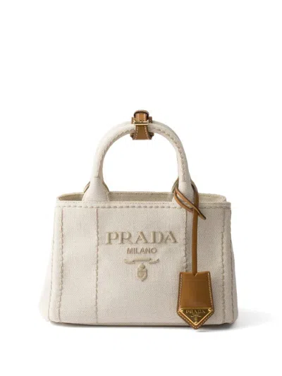 Prada Giardiniera Mini Logo-embroidered Tote Bag In Beige