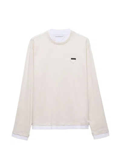 Prada Long Sleeve Shirt Contrast Hem Pocket In Neutral