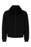 Prada Ribbed Fur Collar Jacket In Blue