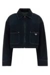 Prada Cropped Denim Jacket Structured Collar Long Sleeves In Blue