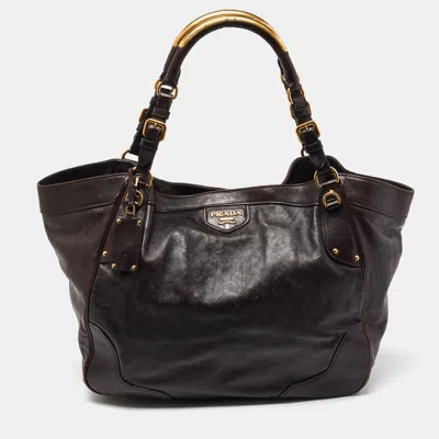 Prada Glace Leather Tote In Brown